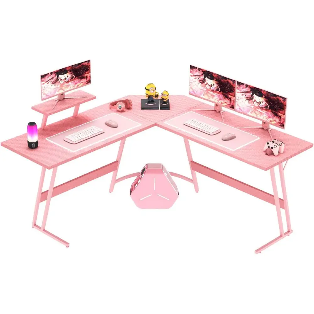 

Pink L-Shaped Gaming Desk with Large Monitor Stand for Home Office, Study, and Writing (57 Inch)