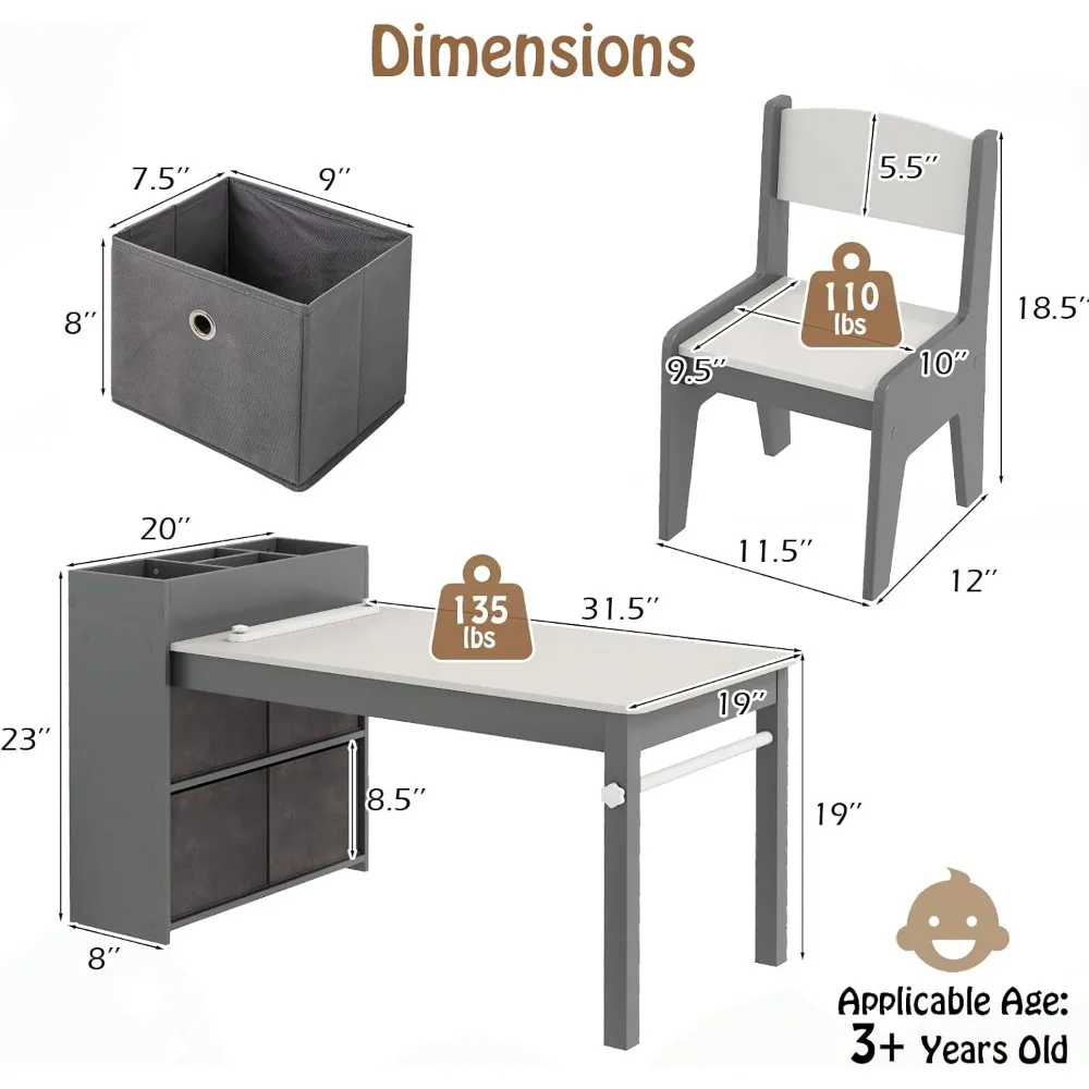 Table et chaises pour enfants, table à dessin artistique en bois 3 en 1 avec 2 chaises, ensemble table et chaises pour tout-petits pour salle de jeux pour enfants