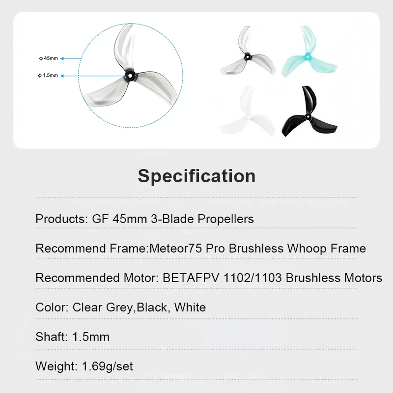 BETAFPV Gemfan 45mm 3-Blade Propellers (1.5mm Shaft 4PCS) for Meteor75 Pro Frame  1102 Brushless Motors