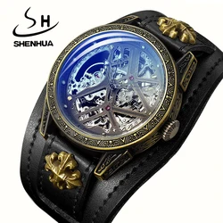 SHENHUA Steampunk Rock Style Men Watch Transparent Skeleton Automatic Mechanical Watch Luminous Waterpoor Men Clock