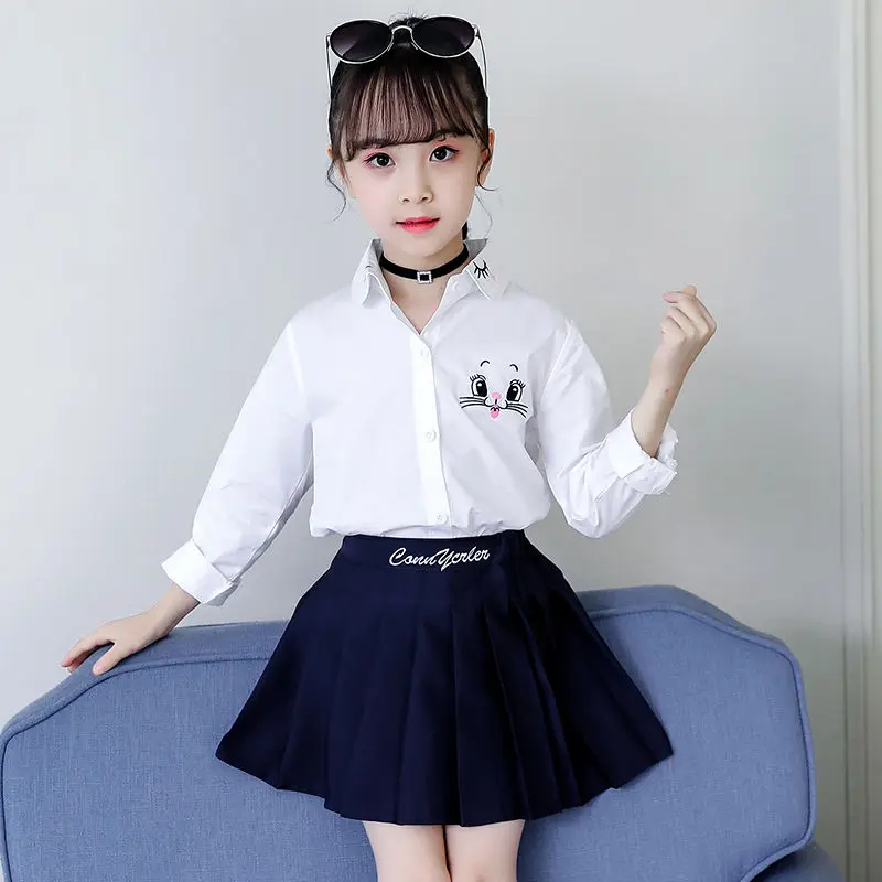 Spring Girls Students Shirts for Children School Uniforms Long Sleeve Teen Girls White Blouses Autumn Cat Embroidery Kids Tops