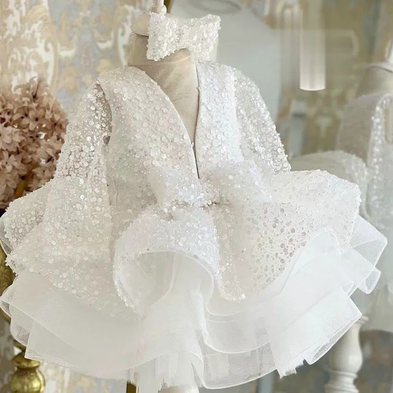White Fluffy Gauze Dress for Girls' Princess Dress, Host Model Runway Show, Children's Dress Cross-border Hair Collection