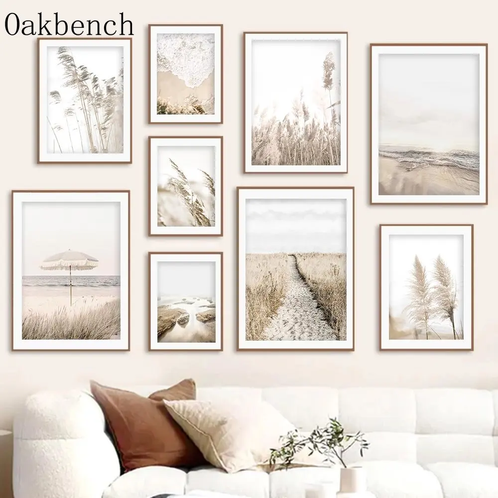 Beige Dried Grass Canvas Wall Art Reed Beach Dandelion Wall Paintings Road Print Pictures Nordic Wall Posters Bedroom Decoration