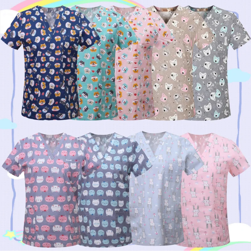 Desenhos animados Animais Imprimir Cotton Scrub Tops, Pet Clínica, Hospital, Enfermagem, Odontologia, Médico Blusa, Médico Cirúrgico Uniformes