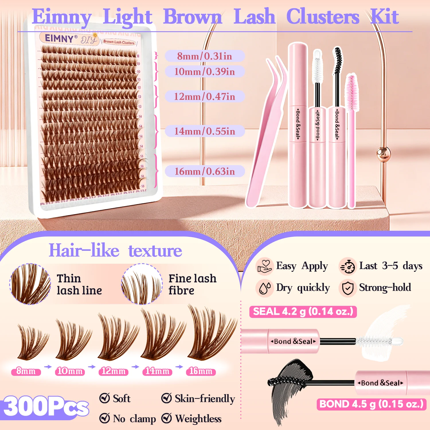 EIMNY 300-teiliges braunes Wimpern-Cluster-Set, warme braune Wimpern passen perfekt zu hellbraunen Haartönen, lang und für Anfänger geeignet – Detail 4