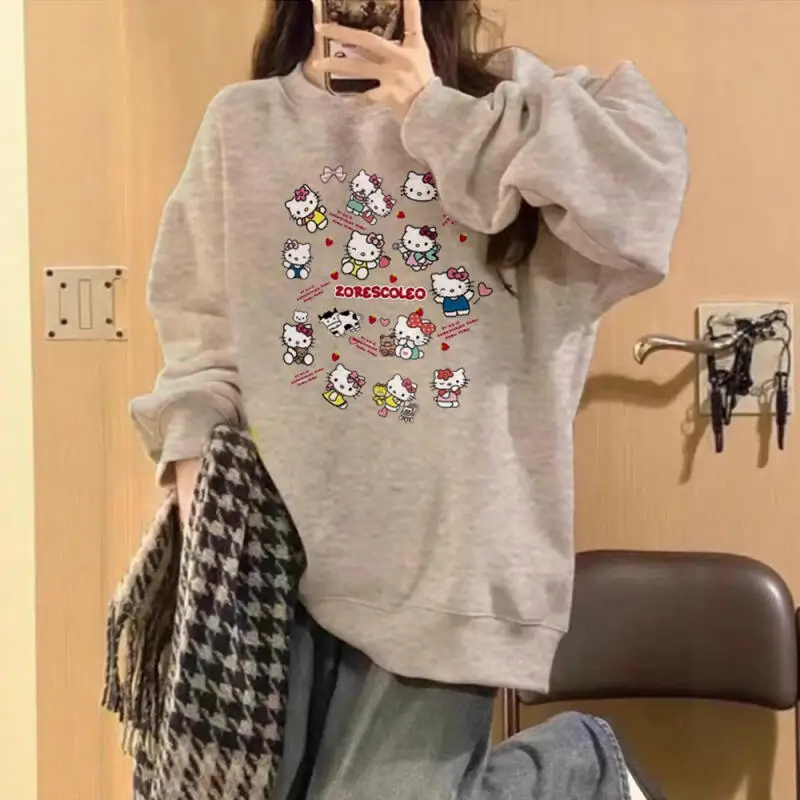 Kawaii مرحبا كيتي الطازجة لطيف النمط الأمريكي الرجعية ربيع الخريف كلية كل مباراة إضافة المخملية هوديي طويلة الأكمام تي شيرت فتاة