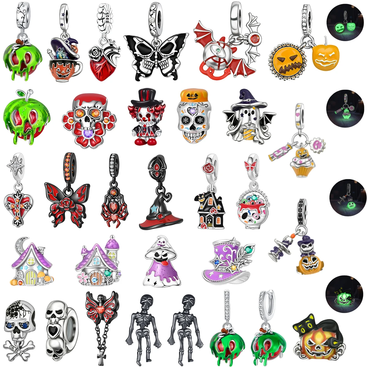 

Halloween 925 Sterling Silver Skull Charms Luminous Pumpkin Bat Ghost Coffin Earrings Beads Necklaces Bracelets DIY Jewelry Gift
