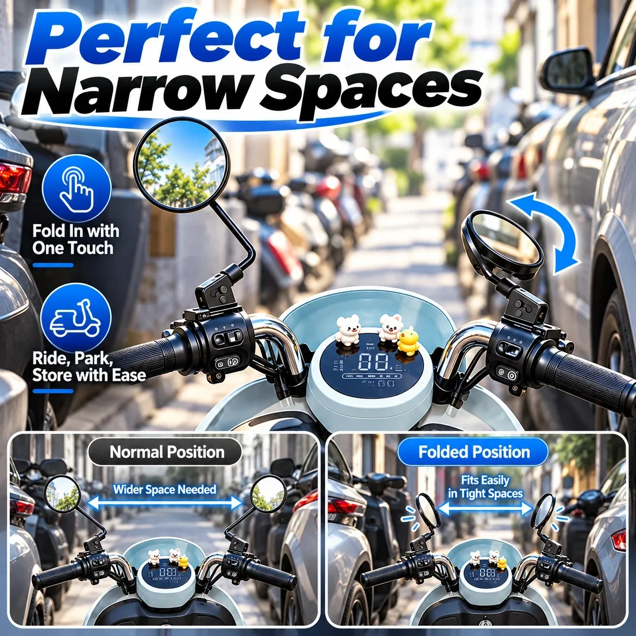 Universal One-Touch Rearview Mirror Folding Adapter for Motorcycle Scooter, Quick Fold Space-Saving Metal Mount Set