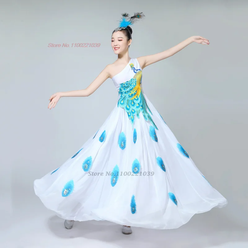 

2024, китайский винтажный костюм для народного танца, национальное платье с вышивкой павлина, традиционное танцевальное платье для выступлений на сцене