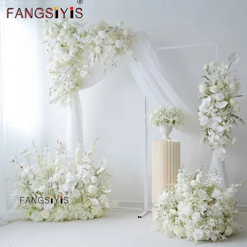 

White Rose Hyacinth Orchid Baby breath Aisle Floor Floral Arrangement Wedding Backdrop Arch Decor Hanging Flower Row Supplies
