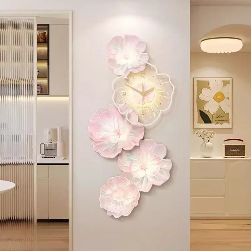 Pink Flower Light Luxury Wall Clock Creative Home Decor Painting for Living Room Wall Hanging Corridor Mural Clock Ornaments