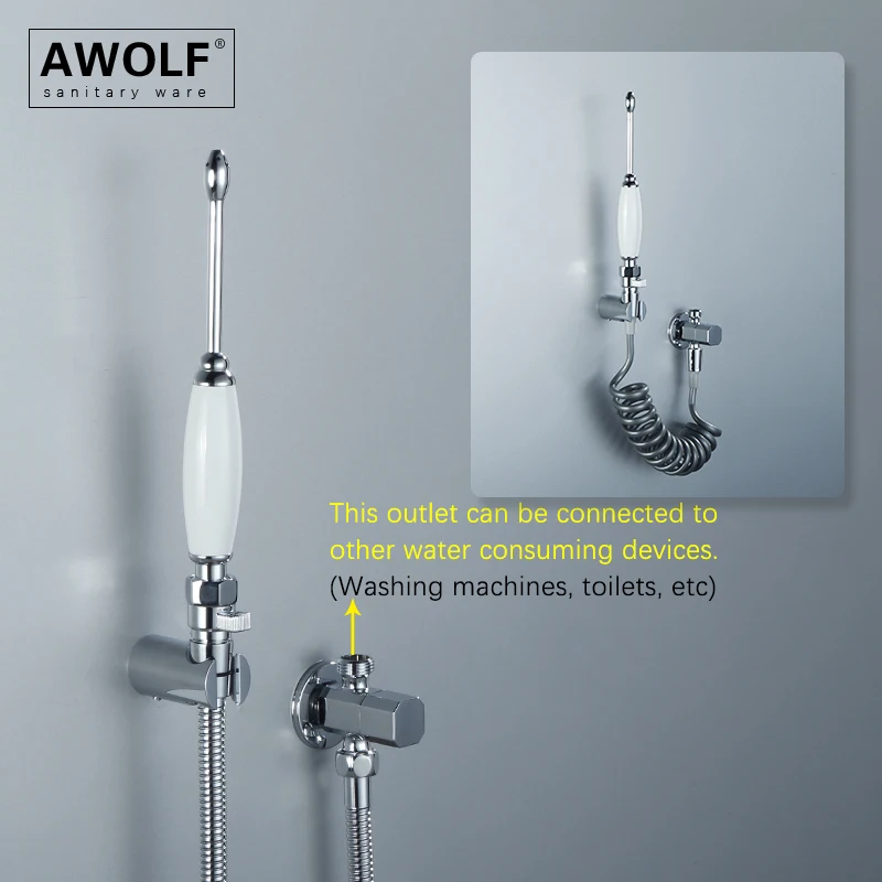 Awolf Chrome Anal Enema Sprayer Solid Brass Toilet Bidet System Handheld Hygienic Shower Head Shattaf Set AP2353