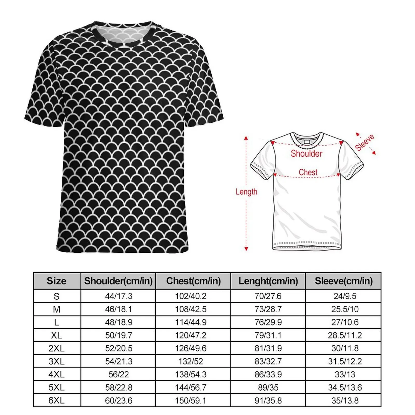 Premium T Shirt Black White Mermaid Scale T Shirts  Awesome Harajuku Tee Shirt For Male Short-Sleeved Graphic Plus Size Tops