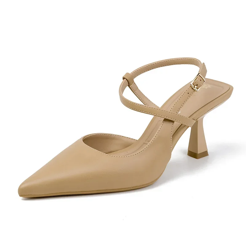 YuanHuiTongSummer أحذية النساء أشار تو كعب رقيقة النساء الصنادل أحذية من الجلد الحقيقي للنساء Slingback أنيقة عالية الكعب P