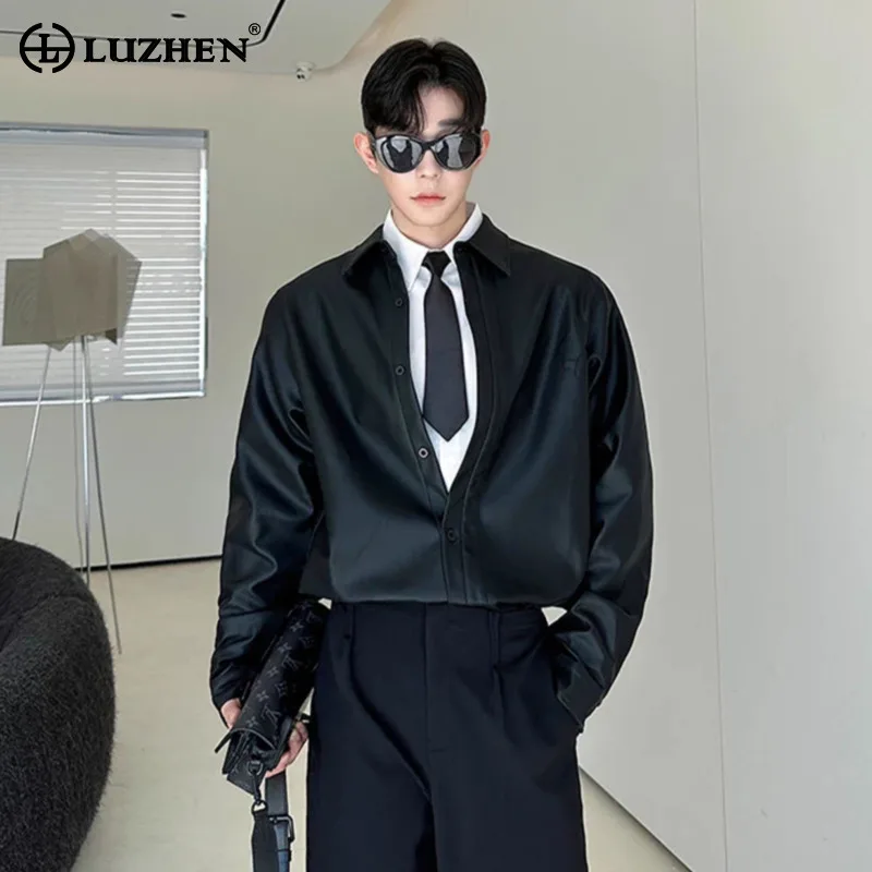 

LUZHEN оригинальные элегантные однотонные рубашки высокого качества из искусственной кожи, мужские осенние модные красивые корейские топы 2025 года JY4970