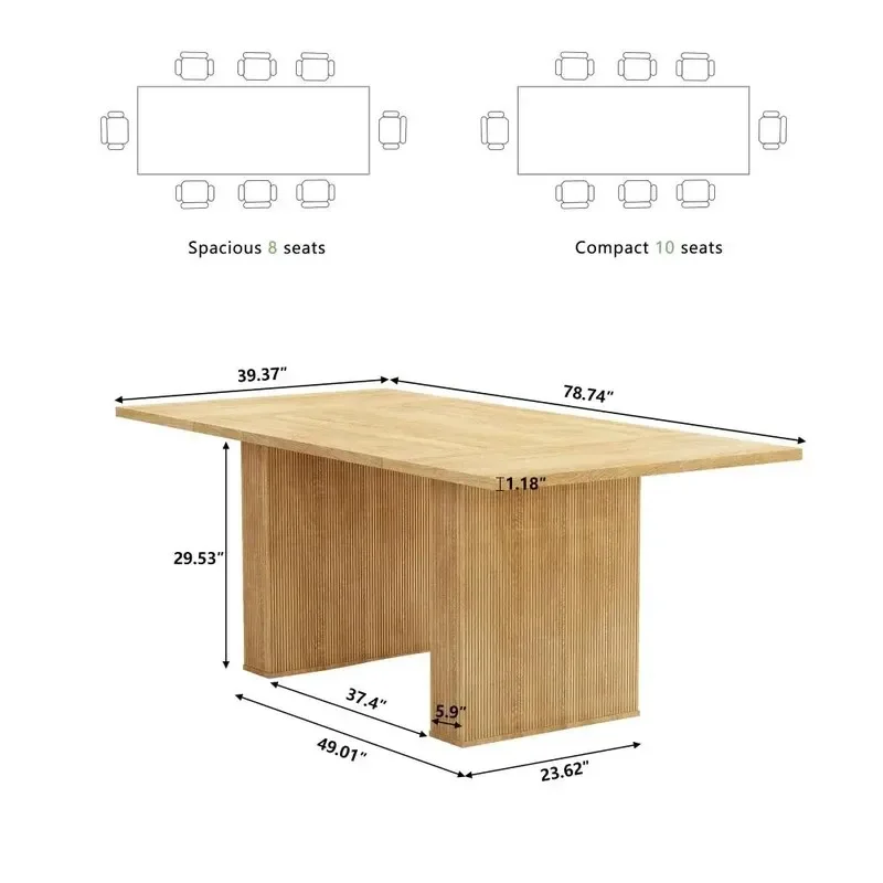 Rectangular Farmhouse Dining Table, 78 Inch, Seats 6 to 10, Fluted Design, Modern Wood Long Kitchen Table