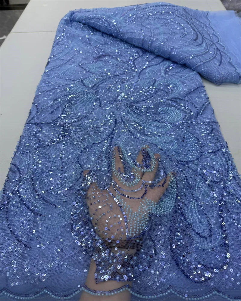 

High Quality African French Tulle Lace Fabric Beaded Embroidery for Wedding Nigerian Bridal Groom Suit