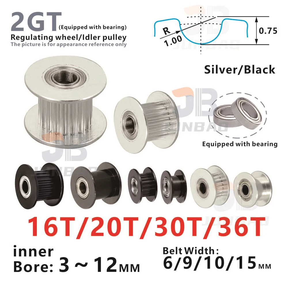 2GT 16T 20T 30T 36 zębów synchroniczne koło pasowe napinające otwór 3/4/5/6/7/8MM z łożyskiem 6/9/10/15mm pasek akcesoria do drukarek 3D