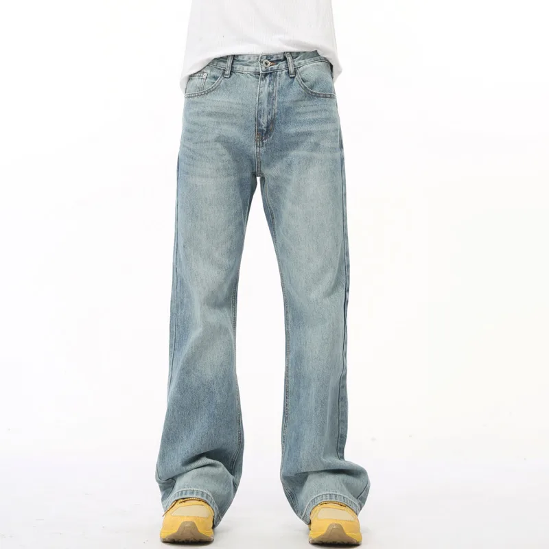 American Style High Street Men's Denim Pants Loose Washed Straight Wide Leg Male Jeans Flare Bottoms 2024 Autumn