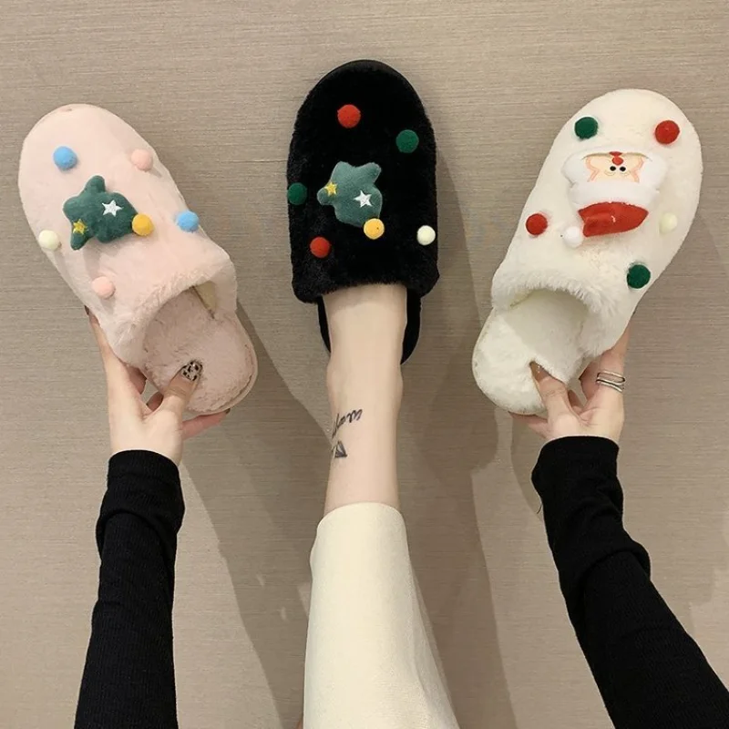 Winter new creative Santa Claus cute warm home women's shoes cartoon Christmas tree non-slip thick-soled plush cotton slippers