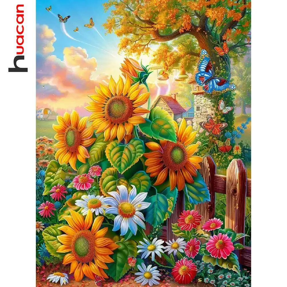 Huacan 5D-Diamant-Malerei-Set zum Selbermachen, Sonnenblume, Schmetterling, Tierlandschaft, voll rund, quadratisch, Diamant-Mosaik, Heimdekoration, Geschenk