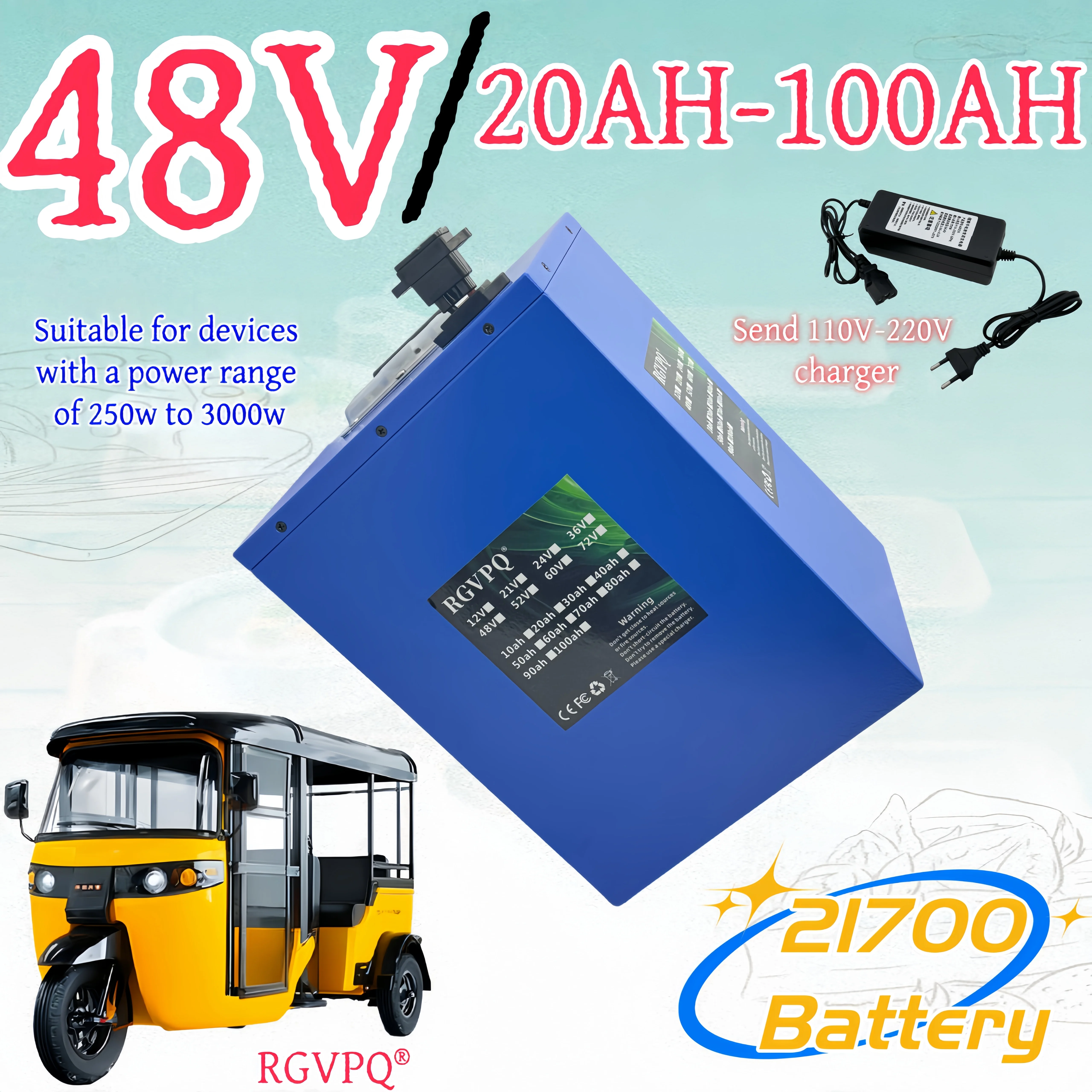 

Air transportation, new 48V21700 lithium-ion battery, new large capacity 20AH-100AH, built-in BMS35AH, application 500W-3000W
