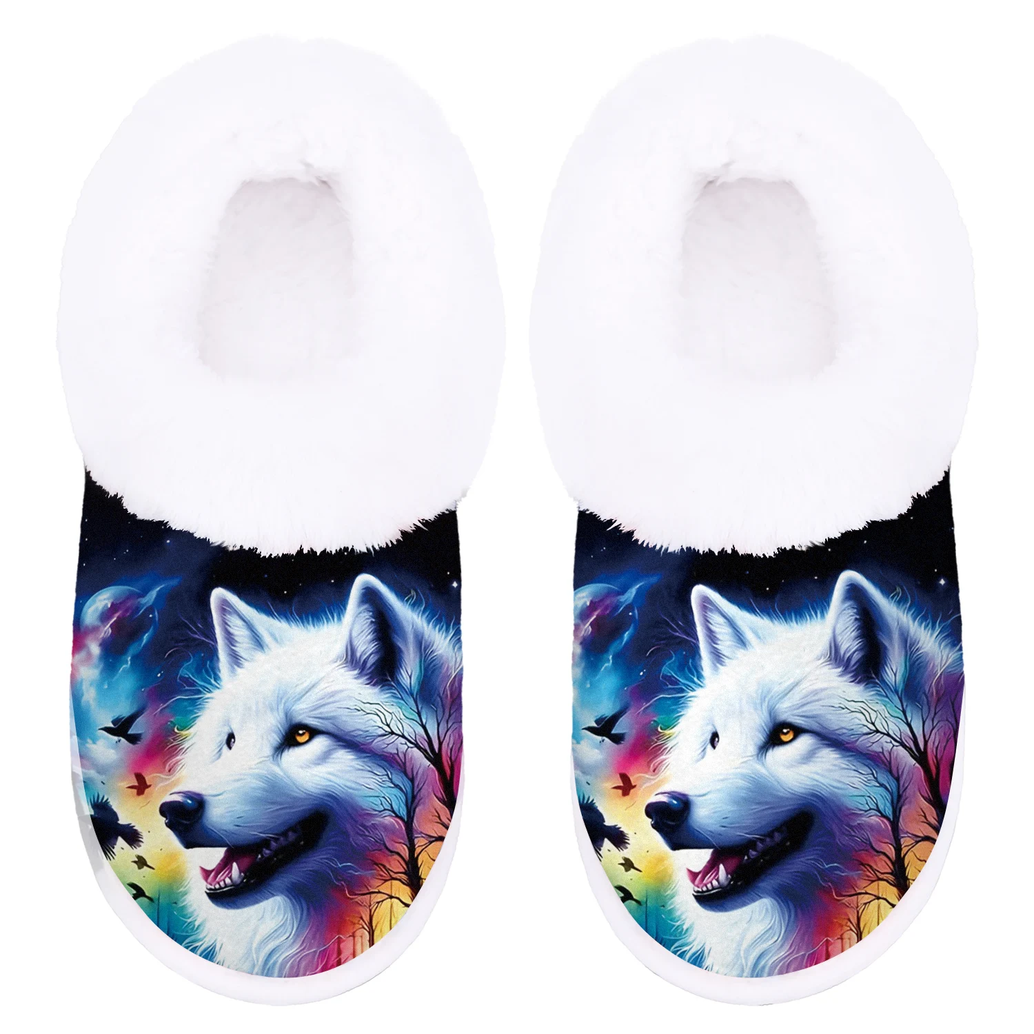 شبشب نسائي شتوي مريح بطبعة الذئب - مبطن بالصوف الدافئ، نعل مطاطي غير قابل للانزلاق، حذاء منزلي سهل الارتداء، مثالي لجميع المواسم