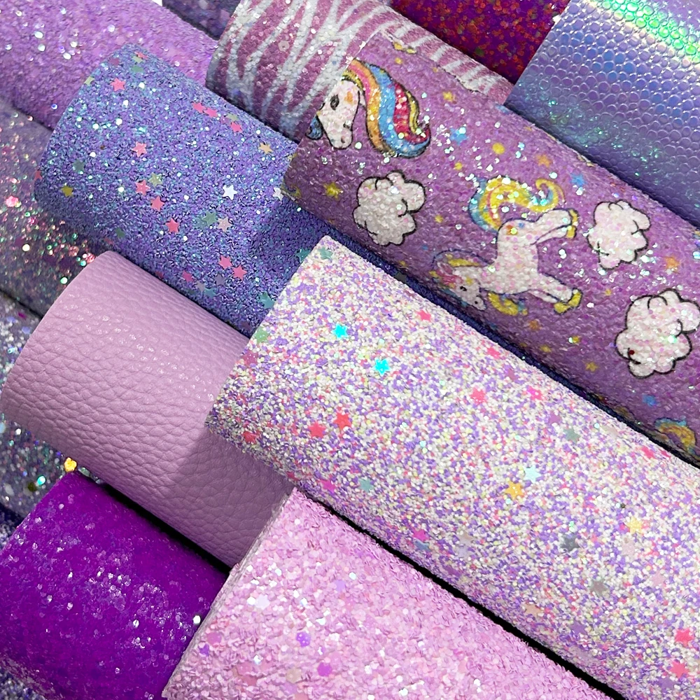 QIBU 50x120cm Wholesale Chunky Glitter Fabric Purple Synthetic Leather Rolls DIY Hairbow Accessories Crafts Materials Decoration