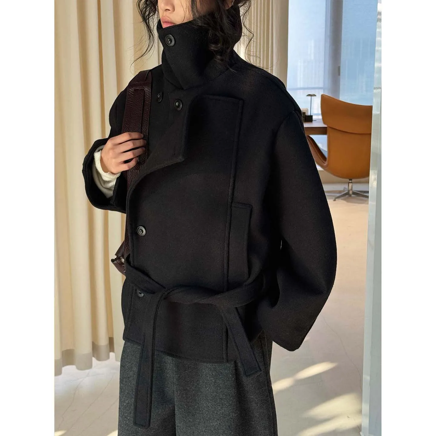 UMI MAO Winter Korean Fashion Design Lapel Single-Sided Wool Coat With Belt Double-Layer Placket Warm Jacket For Women