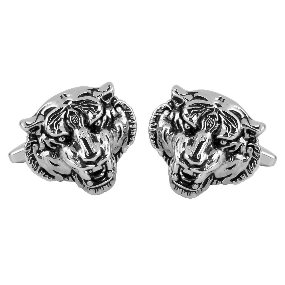 Exquisite Three-dimensional Tiger Head Relief Cufflinks Men's French Shirt Cuff Button Round Cross Cuff Nail for Business Dress
