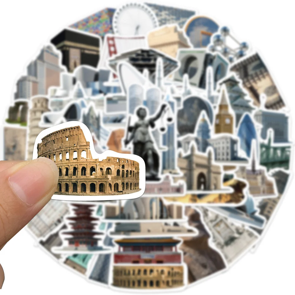 65pcs World Famous Buildings Graffiti Stickers For Guitar Stationery Phone Craft Supplies Vintage Sticker Scrapbooking Material