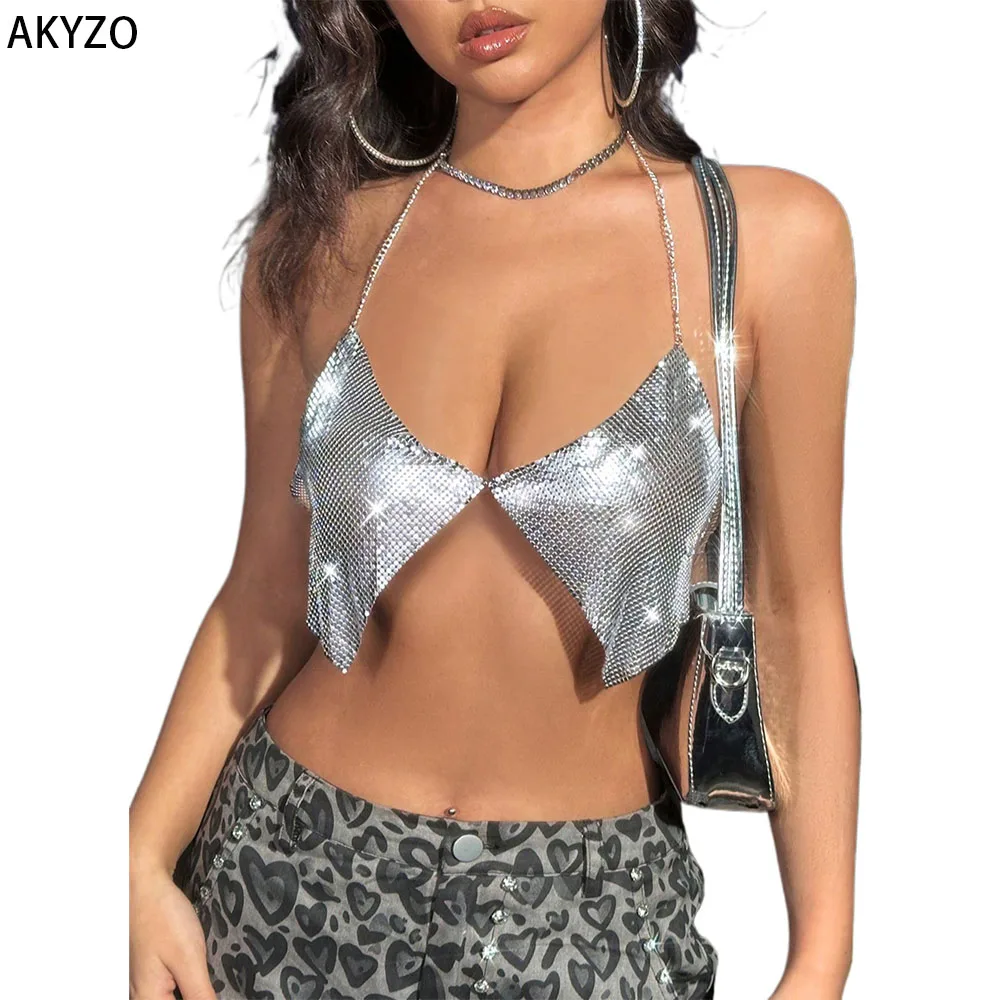 

AKYZO Metallic Sparkling Irregular Hem Halter Top Sexy Large Backless Chain Strap Top For Party & Club Women's Clothing