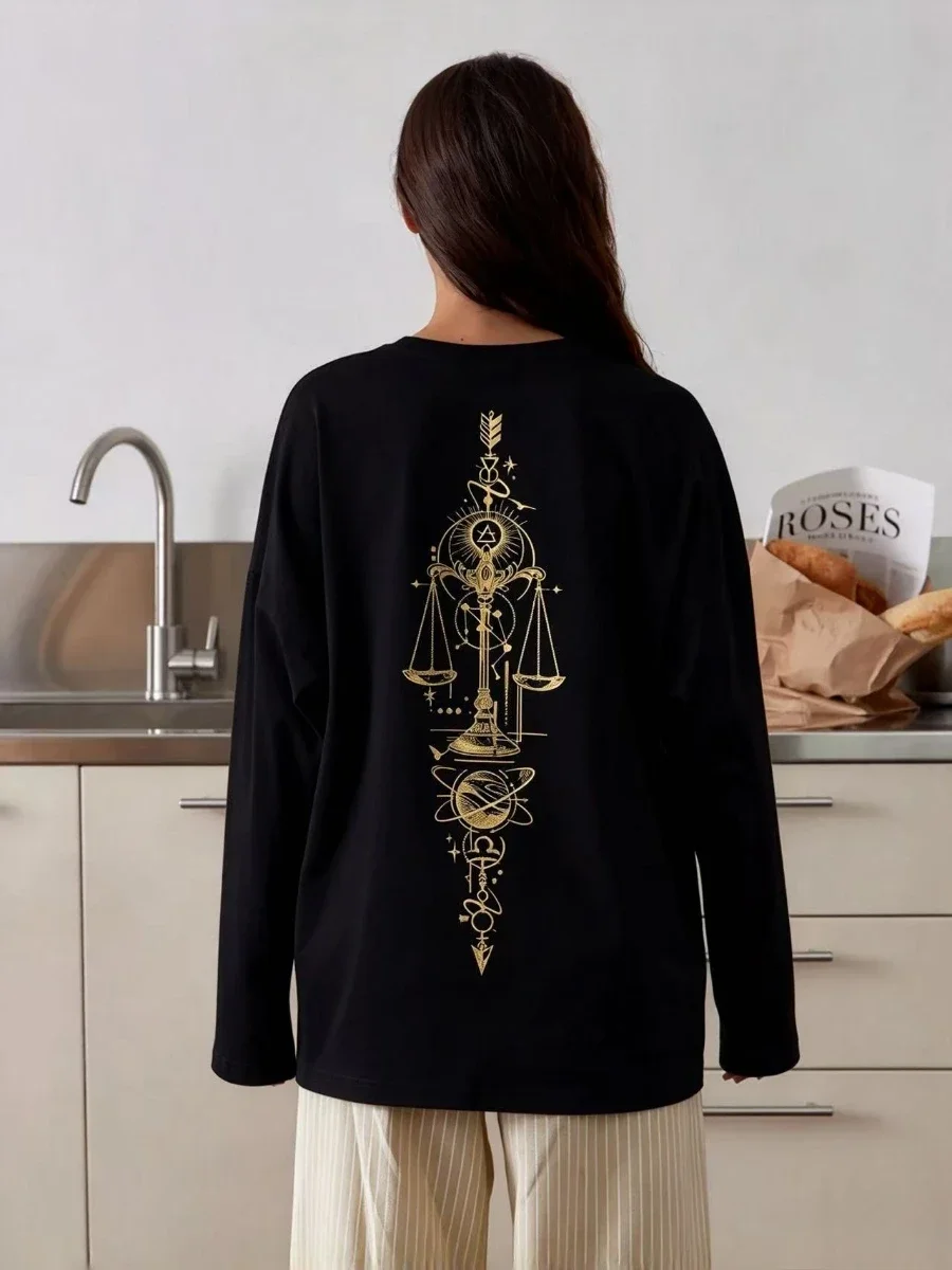 100% Cotton Long Sleeve Autumn Women Golden Libra Zodiac Celestial Graphic Back Print T-shirt Loose Versatile Casual Top Tee