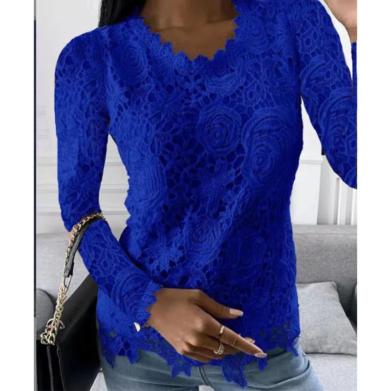 Elegant Fashion Solid Color Lace Spliced Long Sleeve Tops Women\'s Clothing Commute Autumn Winter Female Slim Round Neck T-shirt