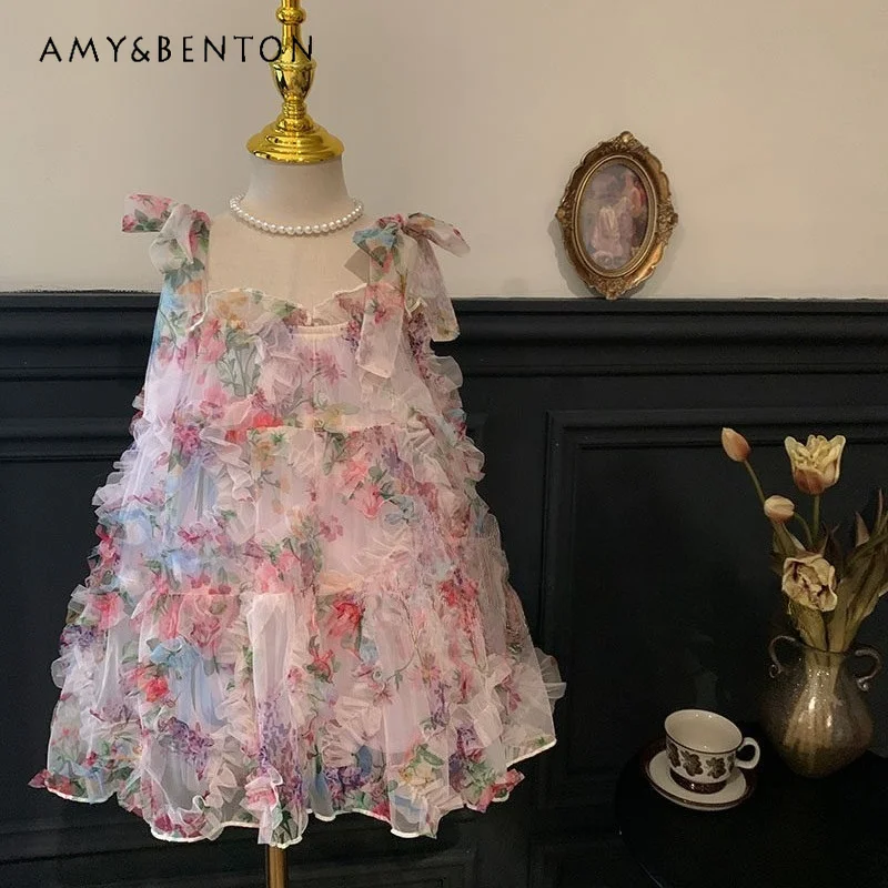 

Girls' Floral Ruffle Cami Dress Spaghetti Strap Tiered Sundress with Bow Accents Casual Vacation Korean Style Outfit Clothes