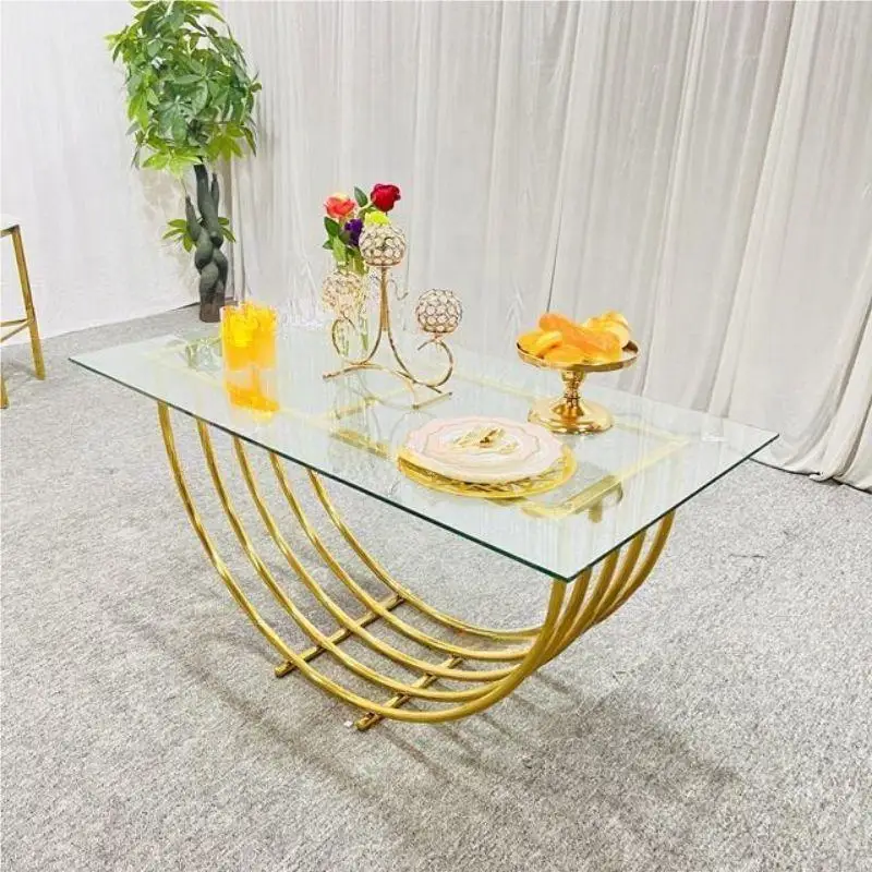 Modern Golden Stainless Steel Glass Dining Table for Hotel Wedding Reception Event Furniture