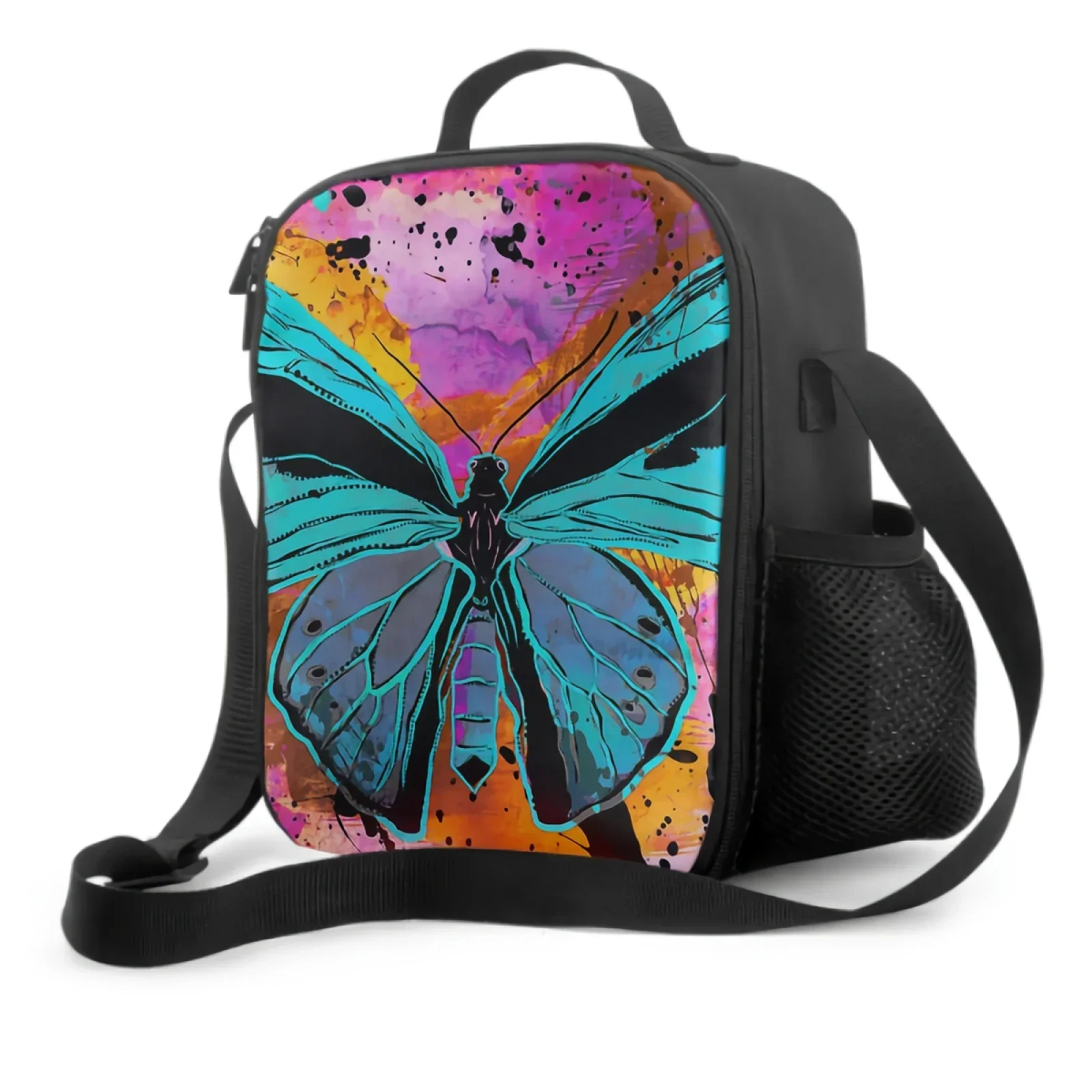 

Oil Painting Blue Butterfly Insulated Thermal Lunch Bags for Boys Girls Washable Tote Lunch Food Container for School Travel