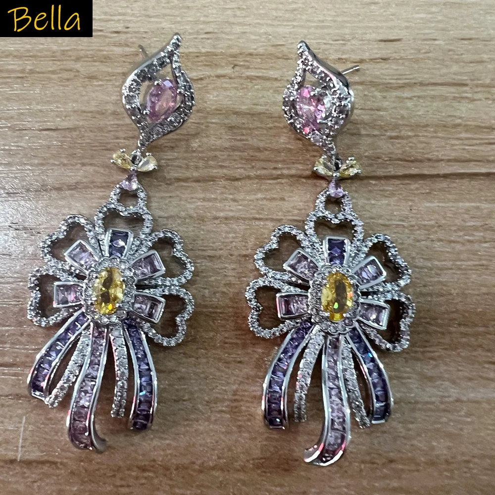 Vintage Cubic Zirconia Dangle Earrings for Women Statement Jewelry Large Bowknot Earrings Sparkly