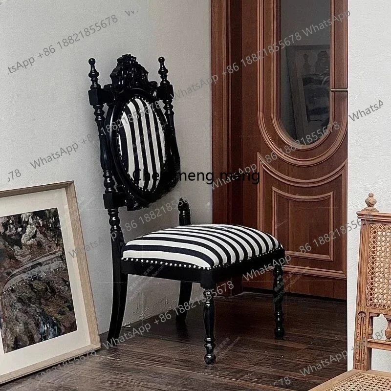 

ZJFrench retro Nanyang style all solid wood black and white striped dining chair fabric American small apartment book chair