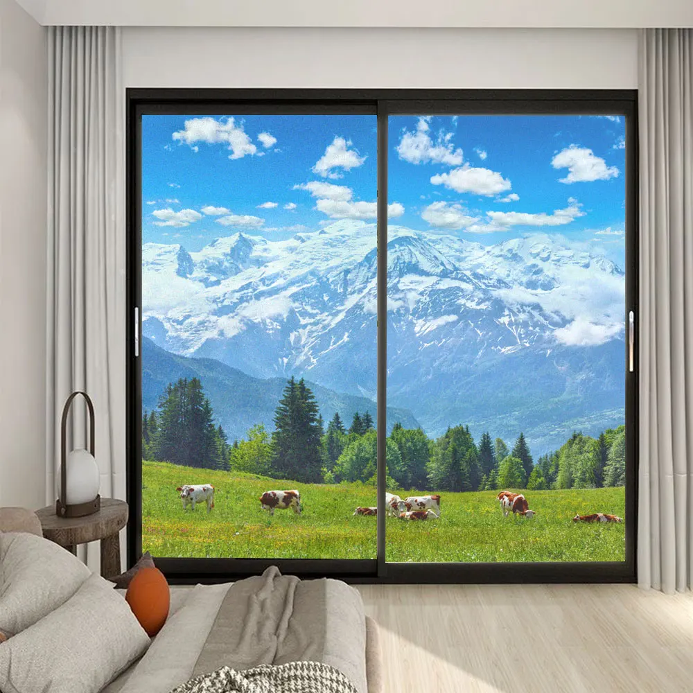 Privacy Glass Window Film Beautiful Mountain View Pattern Frosted Glass Door Film Sun Blocking Static Cling Glass Window Sticker