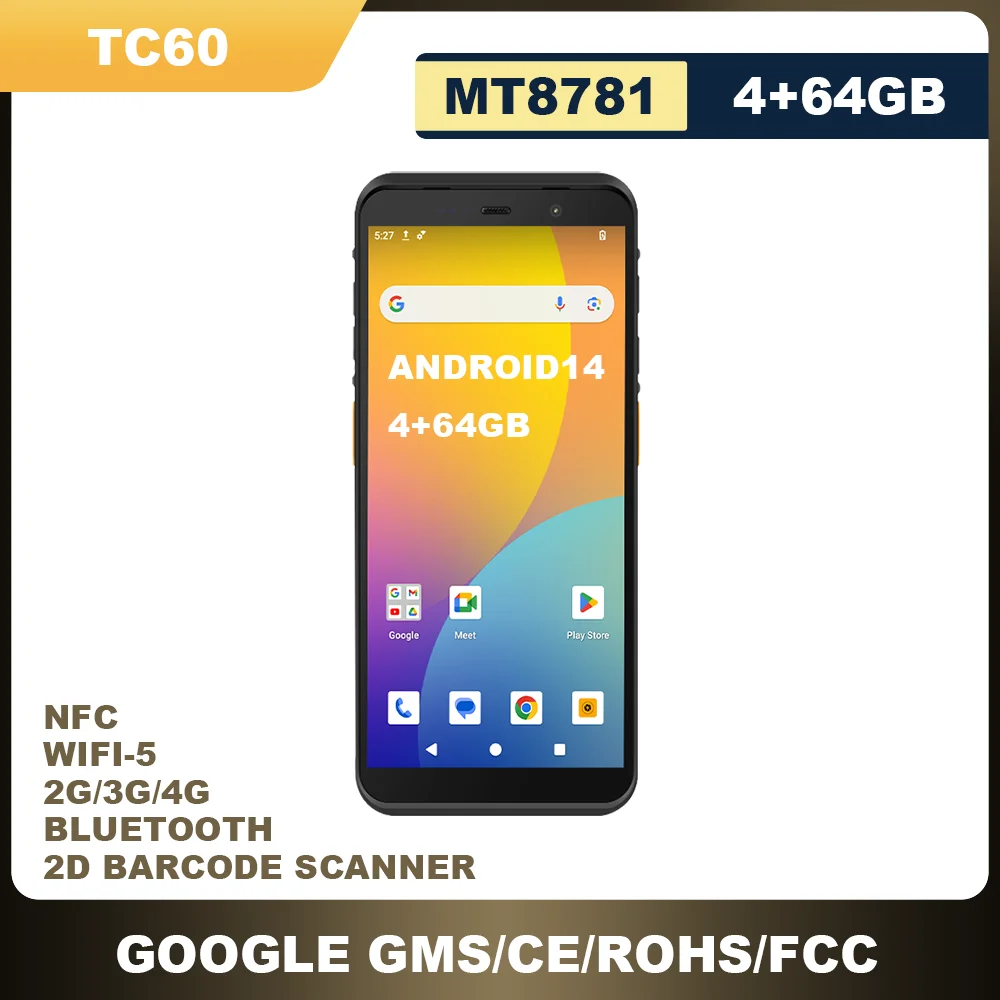 

TC60 PDA Прочный сканер штрих-кода Мобильный компьютер Android14 4G-LTE Bluetooth WIFI NFC 4 + 64 ГБ IP67 для складской розничной торговли