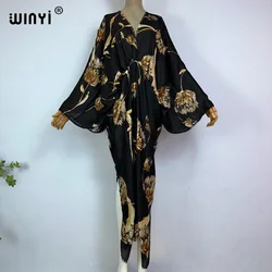 WINYI new summer High fork sexy gild print dress Women kaftan Bohemia long Sleeve kaftan Ladies Fashion beach Cover Up vestidos