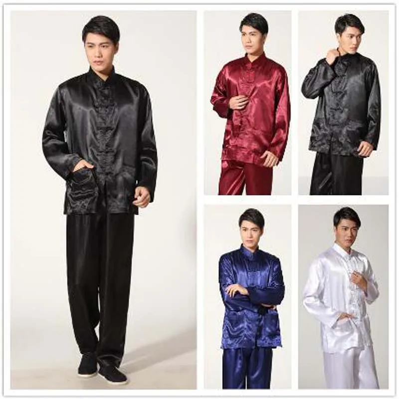 Chinese Traditional Kung Fu Suit Men High Quality Satin Tang Pajamas Casual Home Gown Male Solid Wu Shu Sets Jacket+Long Pants