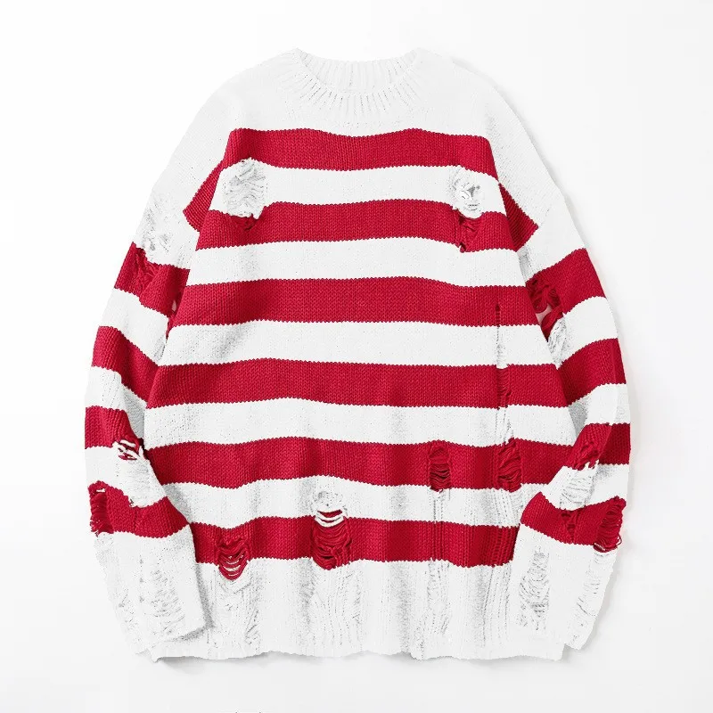 2023 Striped Sweaters Punk Unisex Sweater Autumn Hollow Out Hole Broken Jumper Loose Oversized Pullouvers Harajuku Streetwear