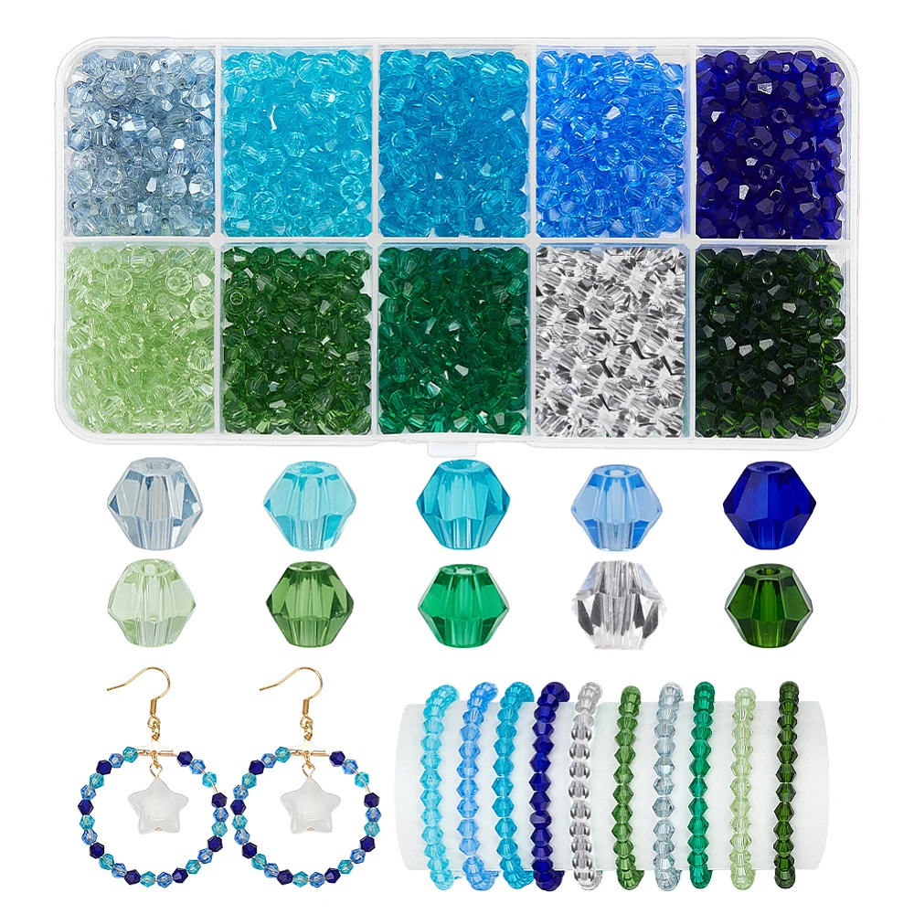 1000pcs Blue Glass Beads for Jewelry Making 10 Colors 4mm Faceted Bicone Beads Ocean Beach Glass Bead Loose Bead for Summer Boho