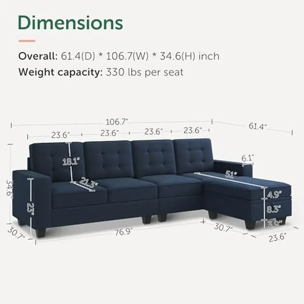 Modern Velvet Sectional Sofa 4-Seater Chaise Storage Ottoman Blue Wood Frame Pet Friendly