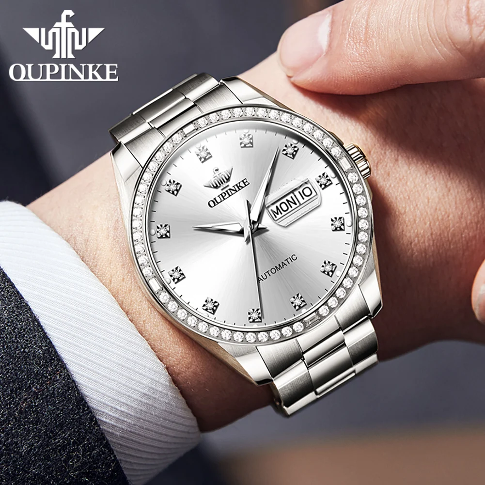 OUPINKE 3261 Luxury Men Automatic Machinery Original Watch Stainless Steel Waterproof Business Diamond Double Calendar Men Watch