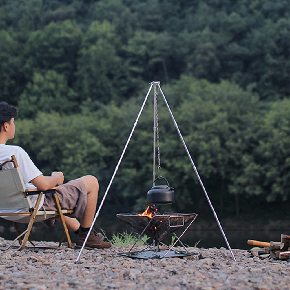 حامل ثلاثي القوائم للطبخ في الهواء الطلق مصنوع من سبائك الألومنيوم وحامل قابل للفصل وسلسلة من الفولاذ المقاوم للصدأ وإطار وعاء الطبخ أداة معدات الطبخ للنزهات