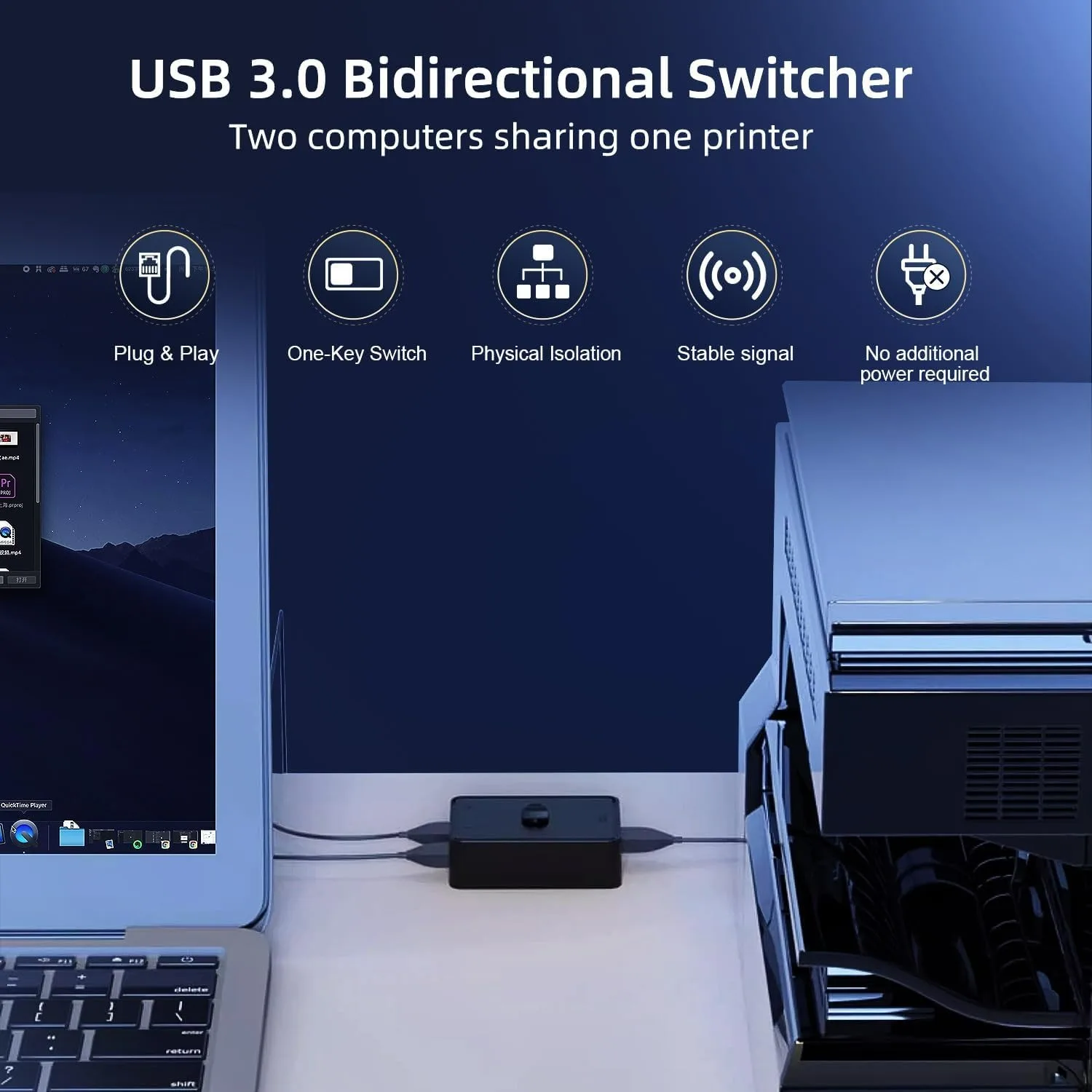 USB 3.0/2.0 Switch for 2 Computers Share Keyboard Mouse Scanner Printer, 2 in 1 Out/1 in 2 Out Bi-Directional USB Switcher Box