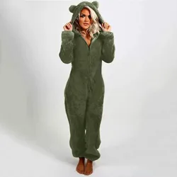 Cute Plush Cat Bear Ear Hat Women Jumpsuit Pajamas Solid Color One-Piece Zip Hooded Sleepwear Autumn Winter Warm Cat-Ear Romper